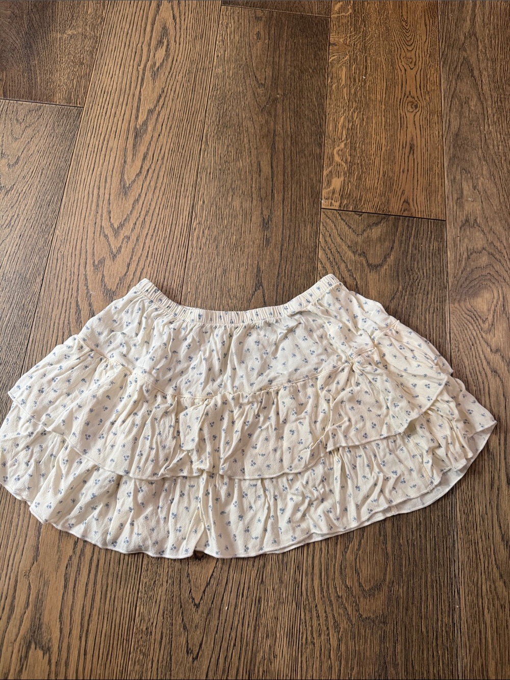 Brandy Melville Cream Tiered Ruffle Mini Skirt with Blue Floral Motif